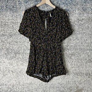 Free People Romper Womens 0 Black Floral Short Sleeve Cold Shoulder Ruffle Hem